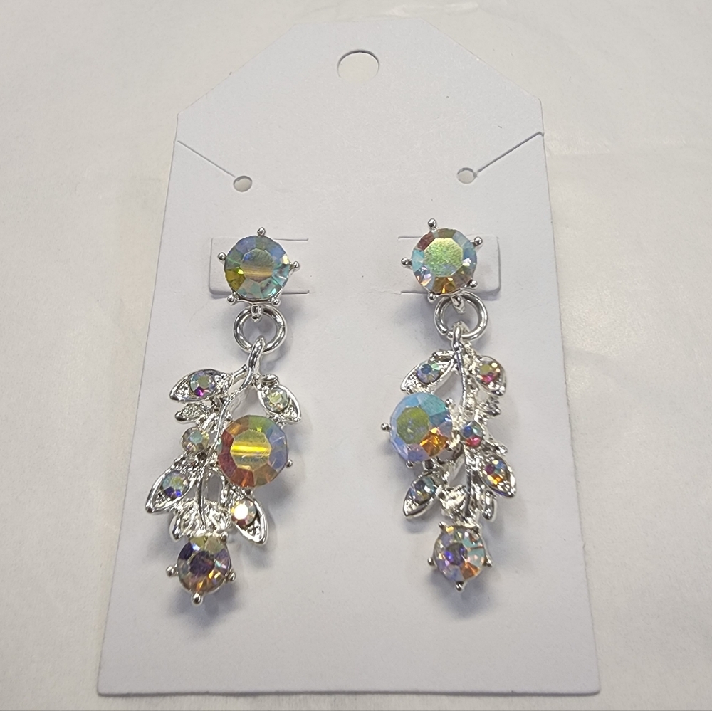 Silver Aurora Borealis Multicolor Rhinestone Drop Dangle Earrings